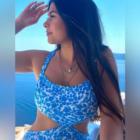 Zara Blue and White Floral Cutout Dress - Picture 6 of 12